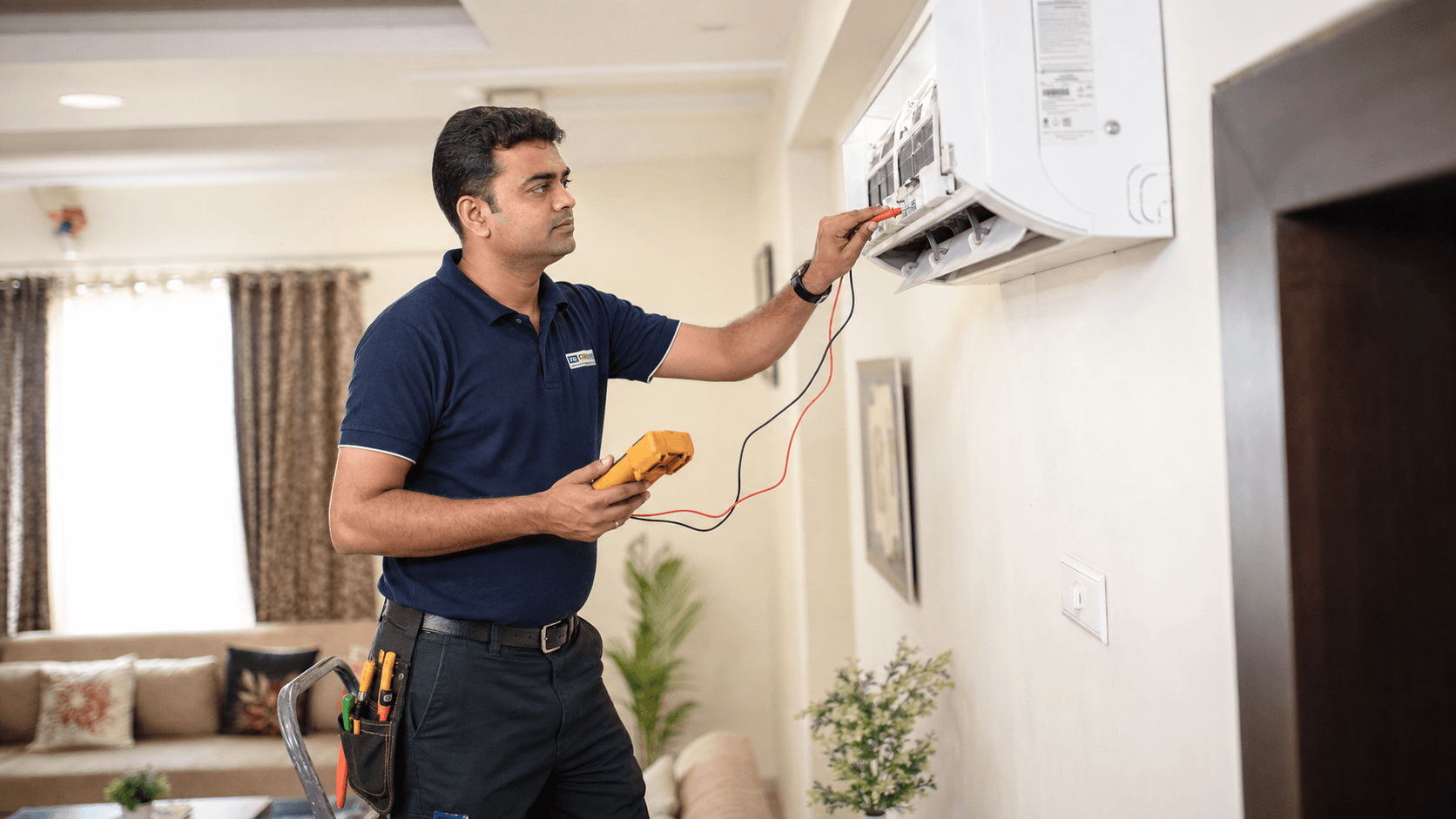 AC Repair Technician fixing split AC unit at home — HomeRepairPro same-day service