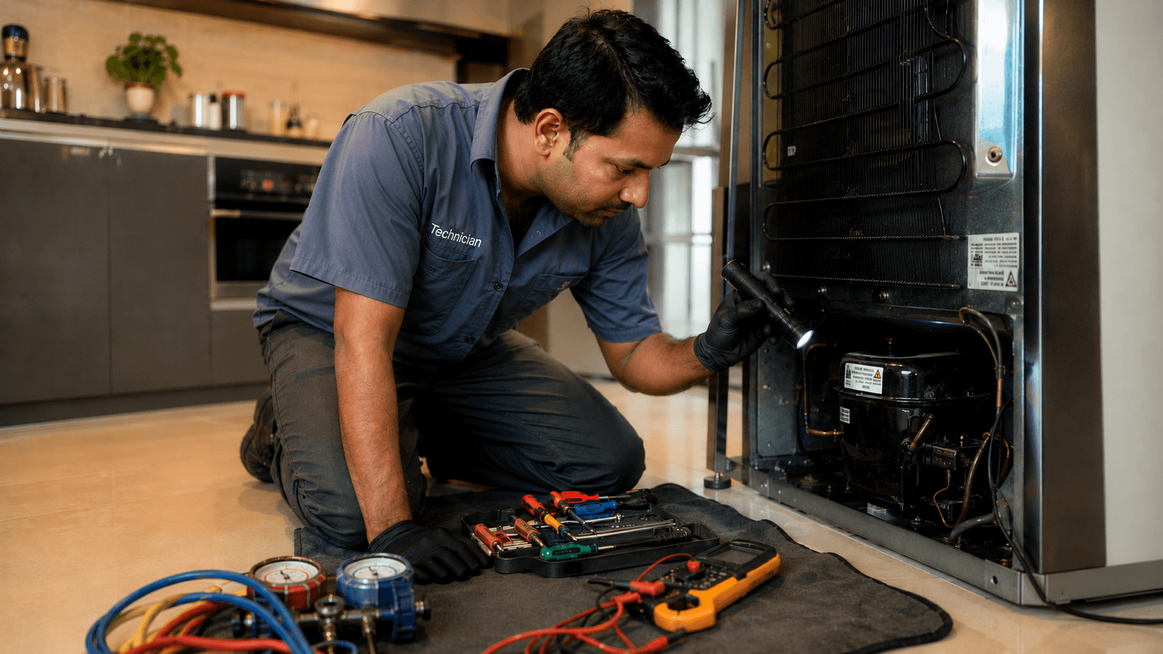 Fridge Repair Technician fixing refrigerator cooling problem at home — HomeRepairPro