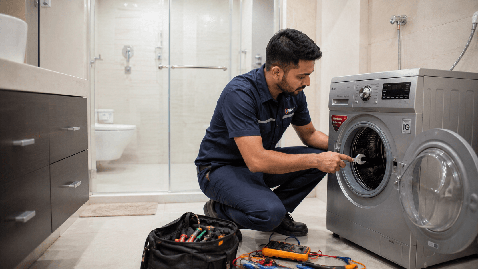 Washing Machine Repair Technician fixing drum and motor at home — HomeRepairPro doorstep service